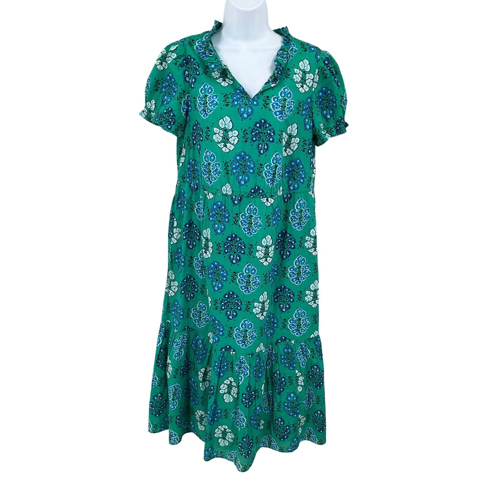 J.Crew Midi Dress Womens 4 Green Blue Floral Cotton Tiered‎ Puff Sleeve Boho